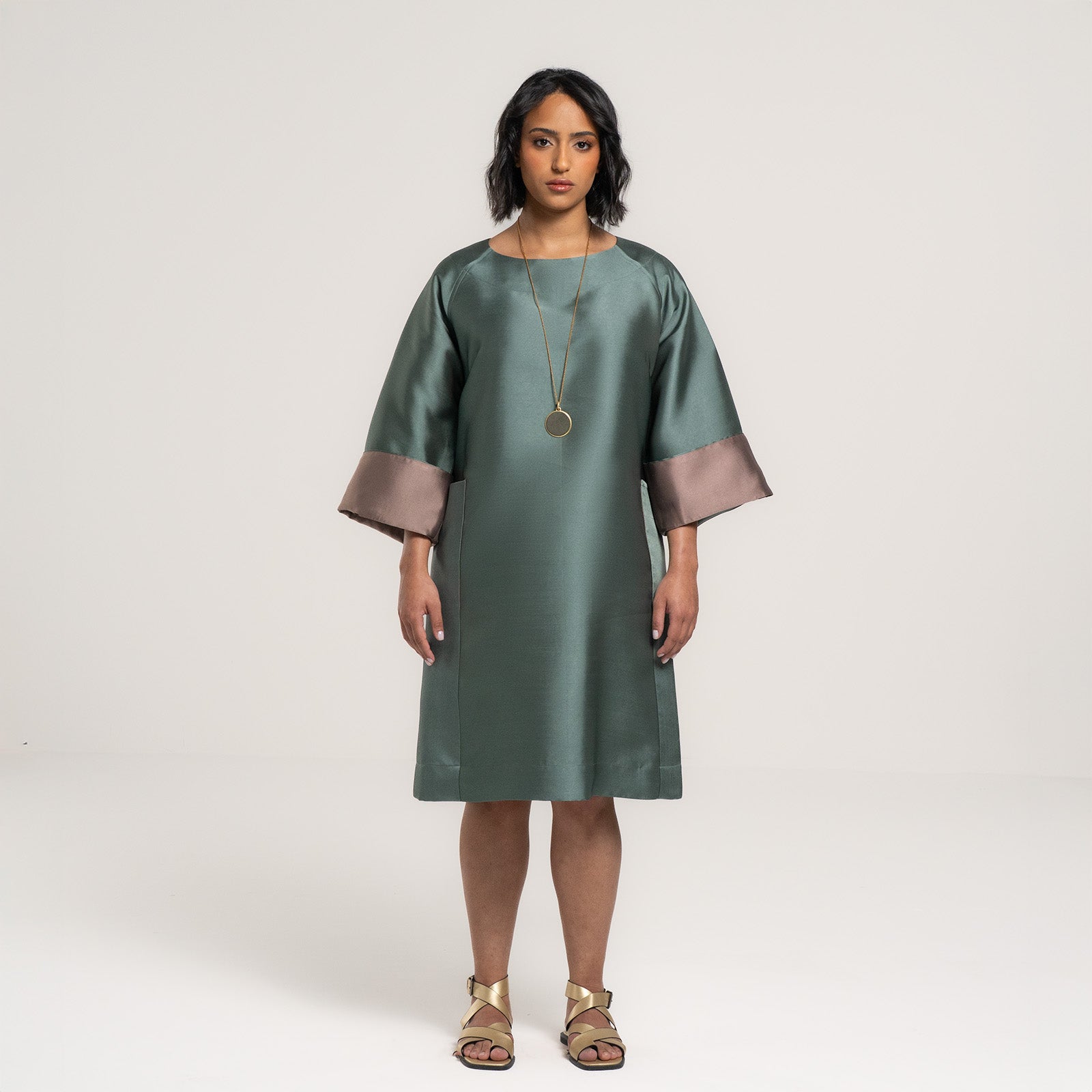 Mikado Olive Stone Dress with Stone Edges