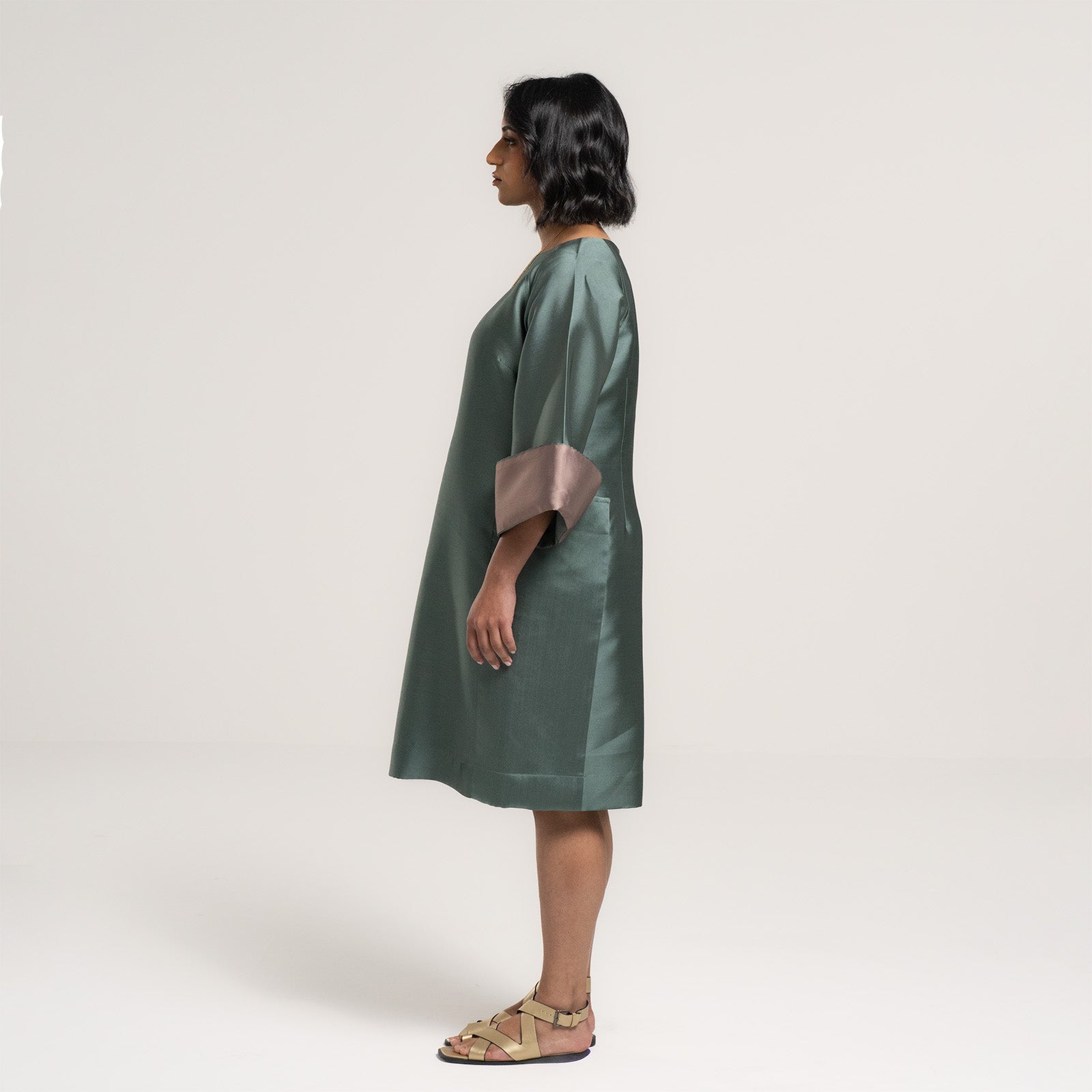 Mikado Olive Stone Dress with Stone Edges