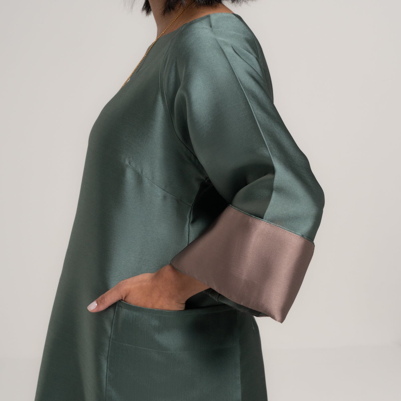 Mikado Olive Stone Dress with Stone Edges