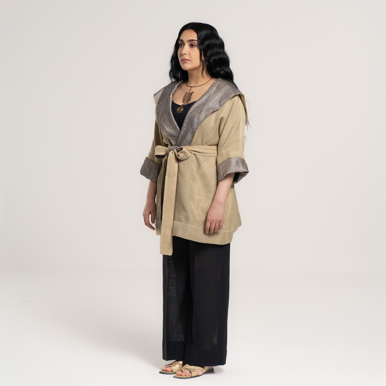 Sand Linen Set with Navy Pants