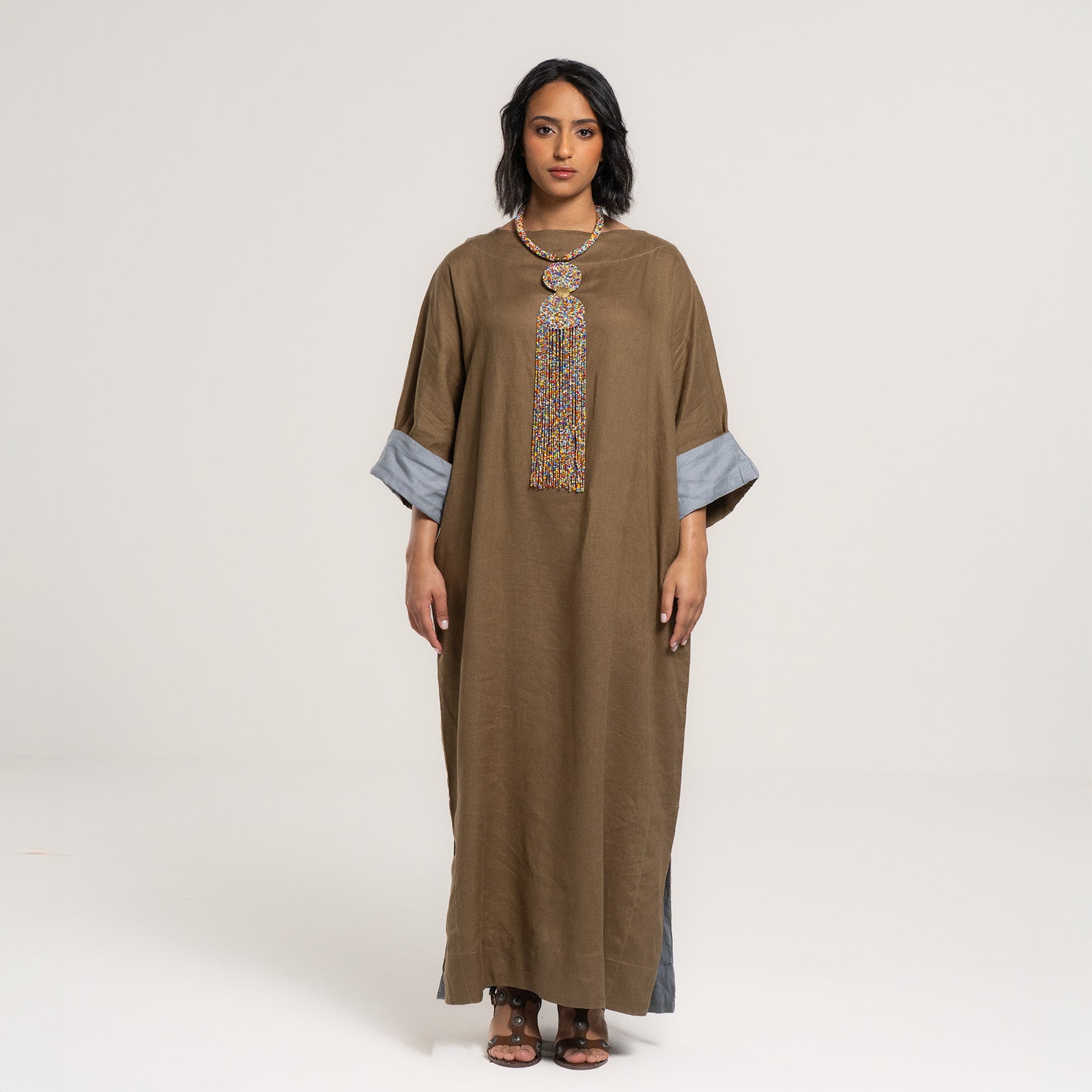 Brown Skyline Abaya with Sky Blue Edges