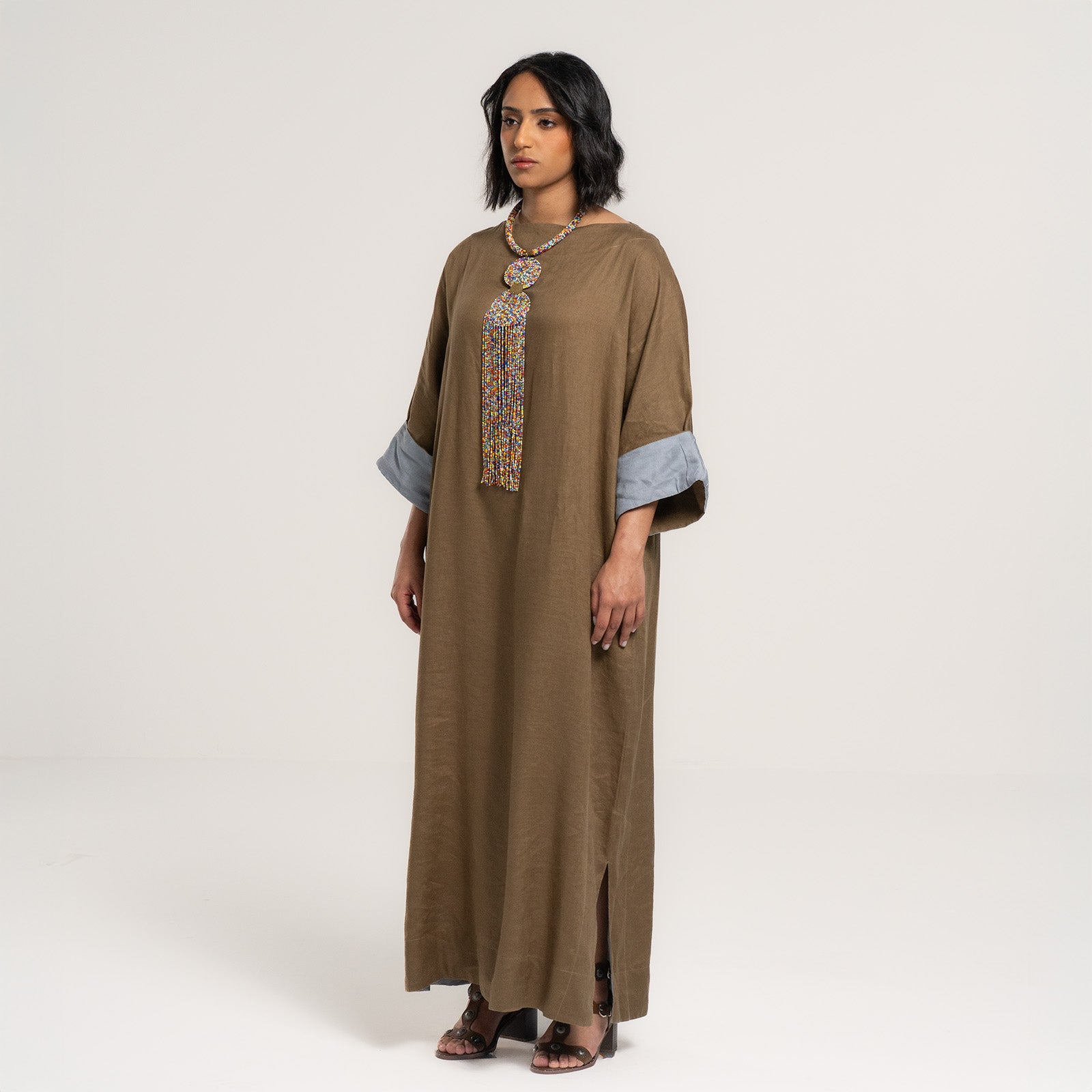 Brown Skyline Abaya with Sky Blue Edges