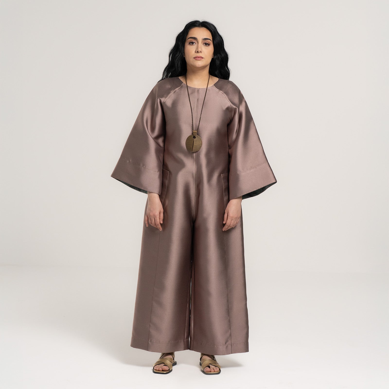 Mikado Stone Jumpsuit with Green Edges