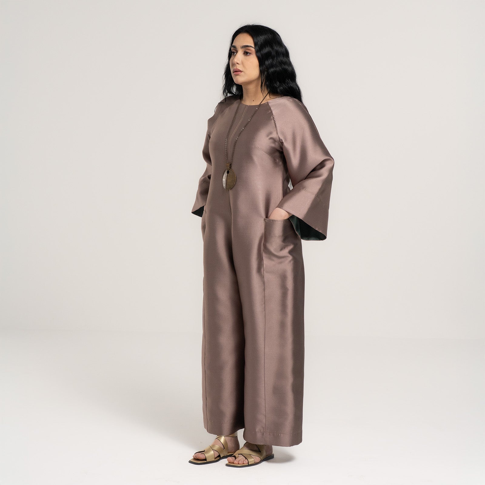 Mikado Stone Jumpsuit with Green Edges