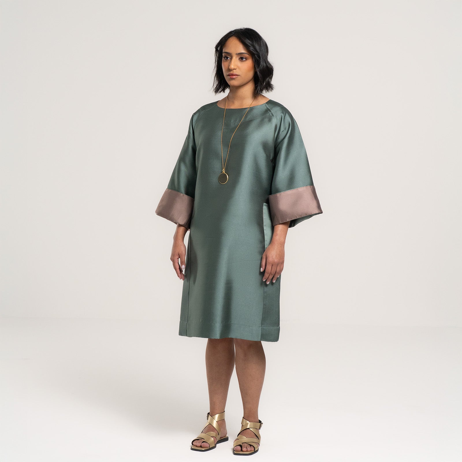 Mikado Olive Stone Dress with Stone Edges