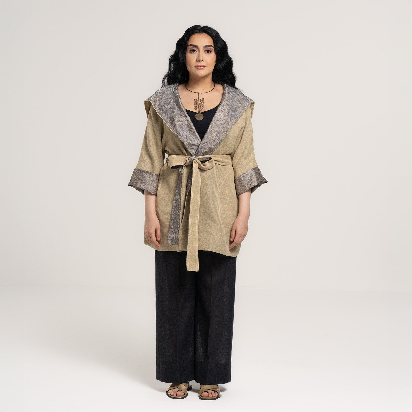 Sand Linen Set with Navy Pants